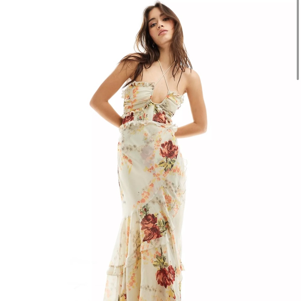 ASOS DESIGN halter ruffle maxi dress with high low hem in cream floral print